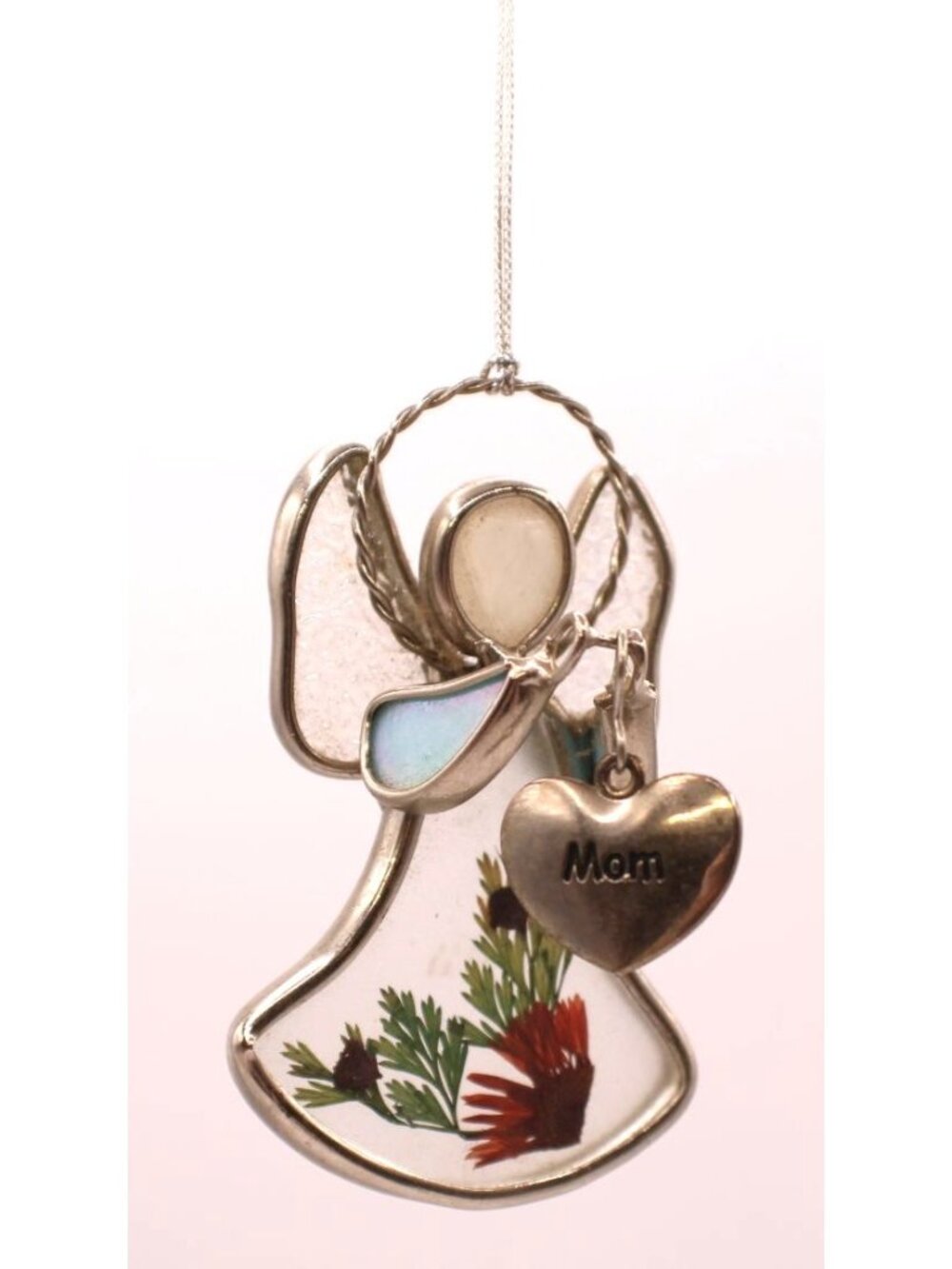 Ganz Pewter Glass Real Pressed Flower Angel Suncatcher Ornament Mom Silver Charm